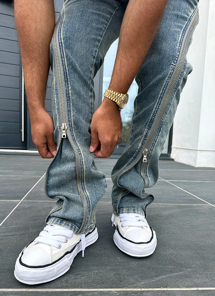 Vintage Flare Zipper Jeans - Blue - Image 10
