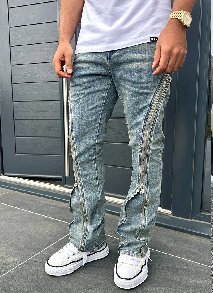 Vintage Flare Zipper Jeans - Blue - Image 14