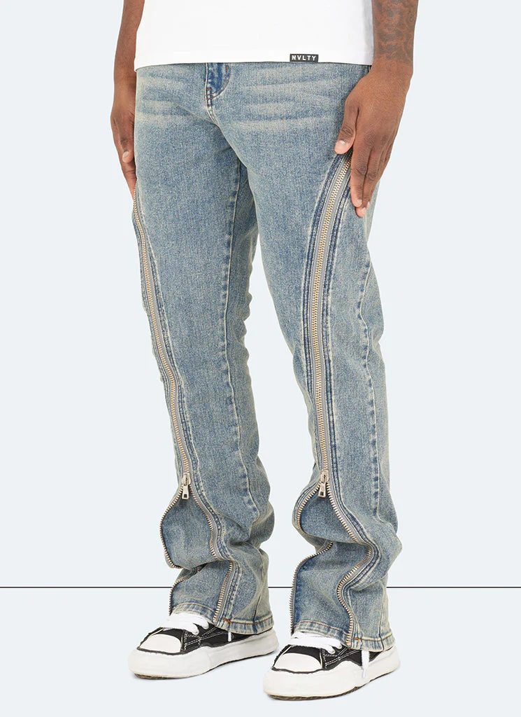 Vintage Flare Zipper Jeans - Blue - Image 4
