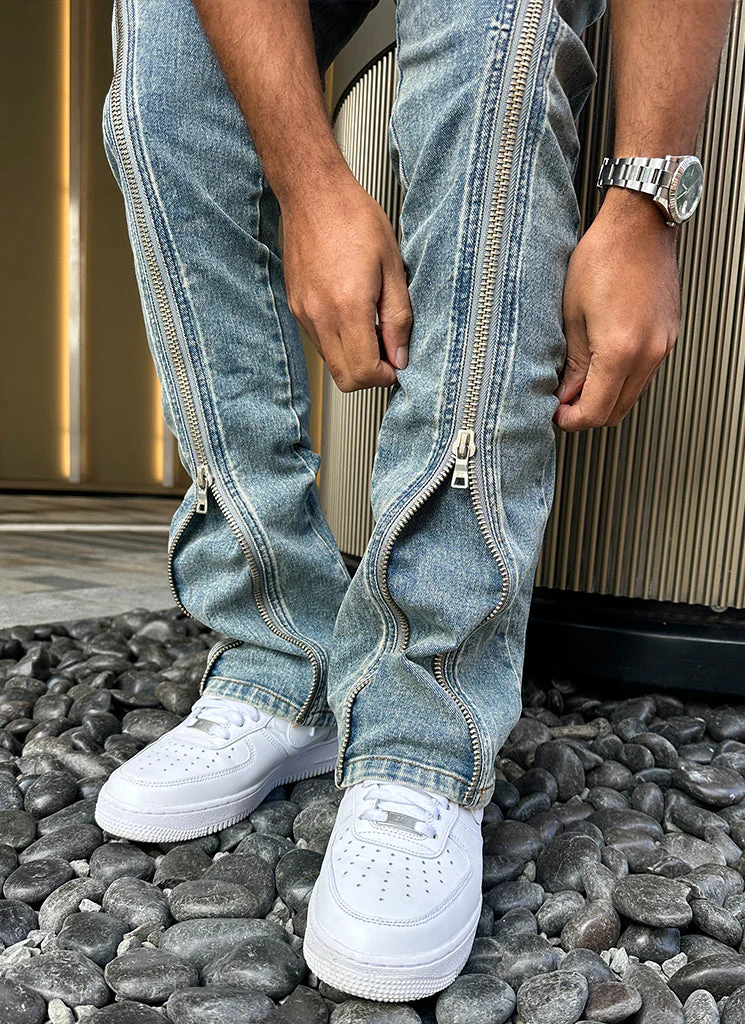 Vintage Flare Zipper Jeans - Blue - Image 5