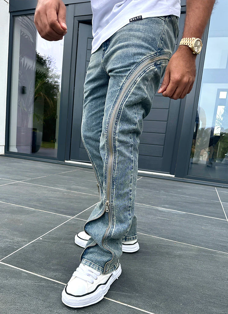 Vintage Flare Zipper Jeans - Blue - Image 7