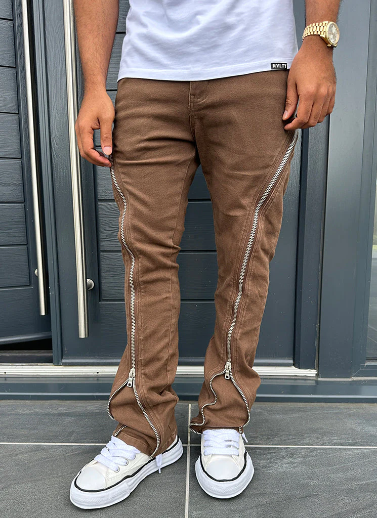 Vintage Flare Zipper Jeans - Brown - Image 3