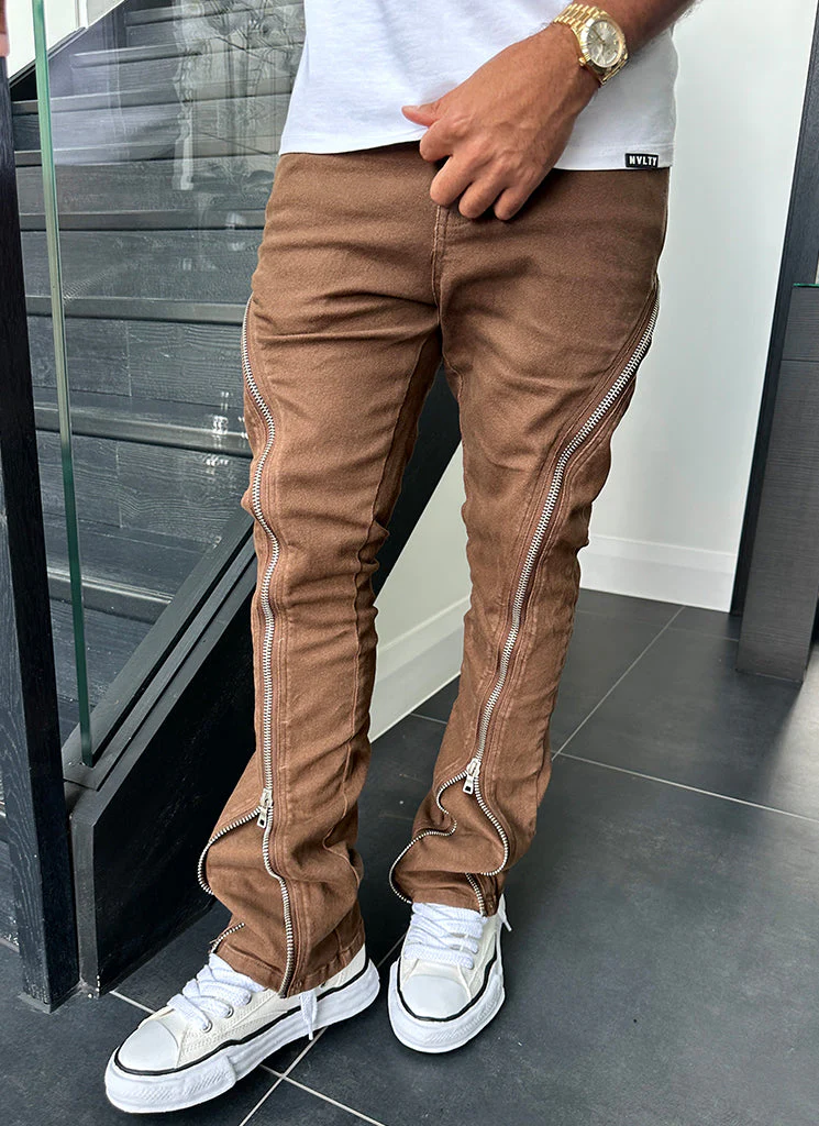 Vintage Flare Zipper Jeans - Brown - Image 7