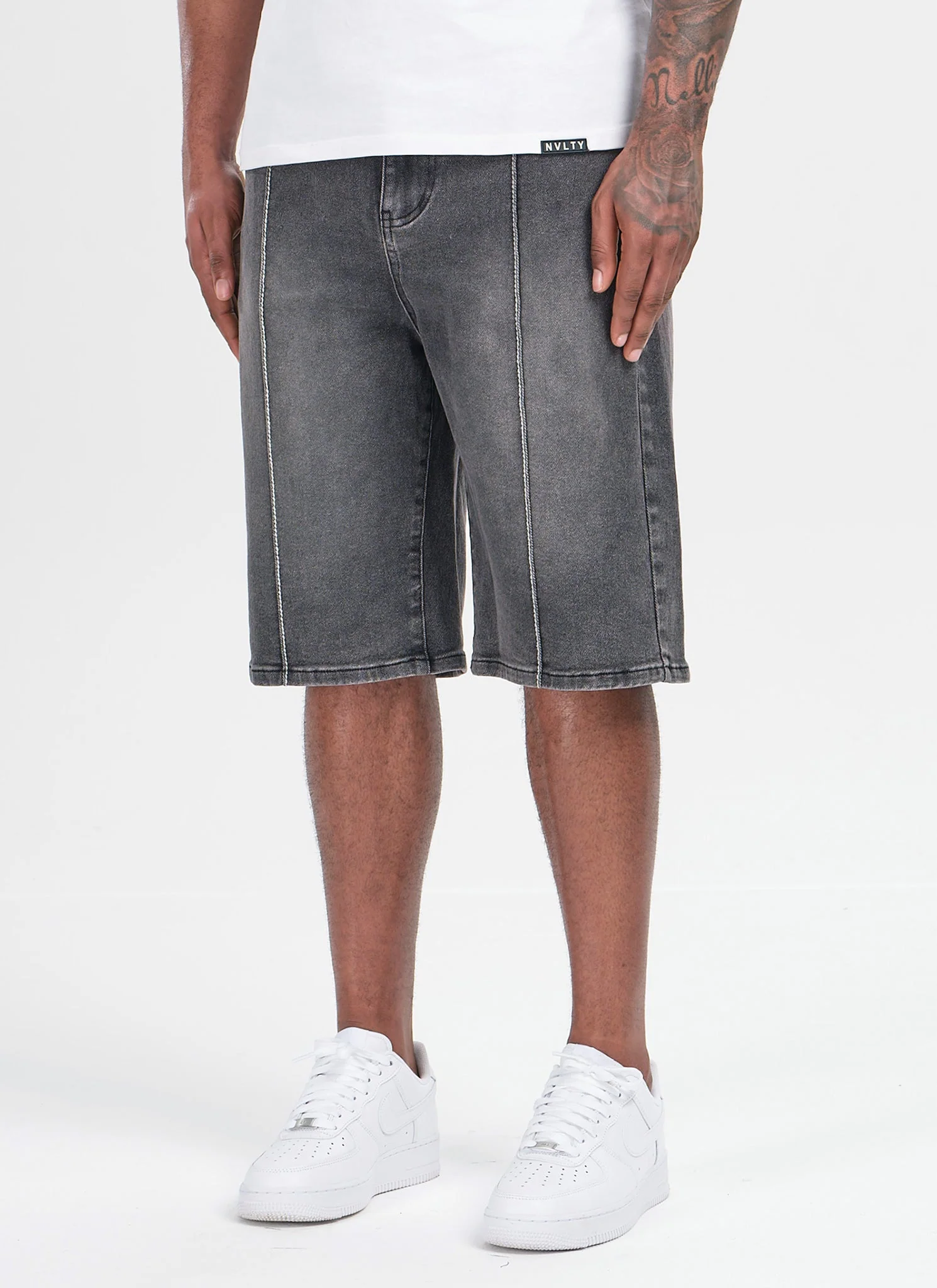 Vintage Pleat Denim Shorts - Grey - Image 3