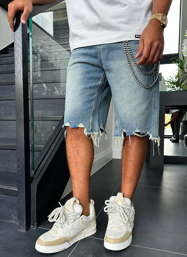 Vintage Raw Hem Denim Shorts - Blue - Image 13