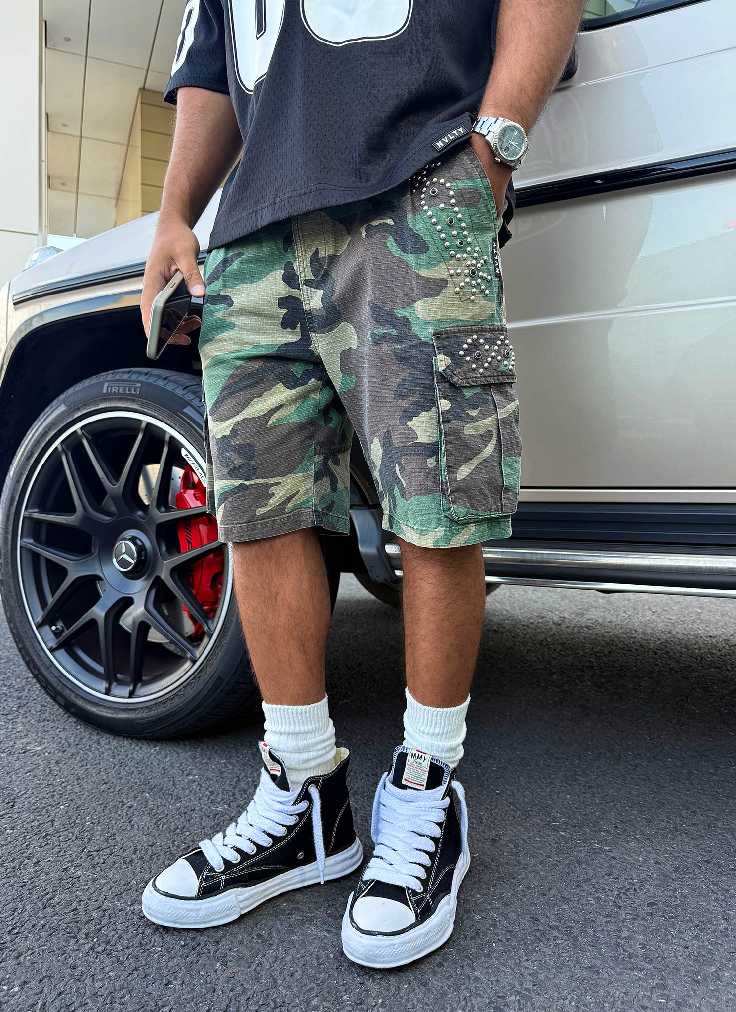 Vintage Studded Cargo Shorts - Camo - Image 12