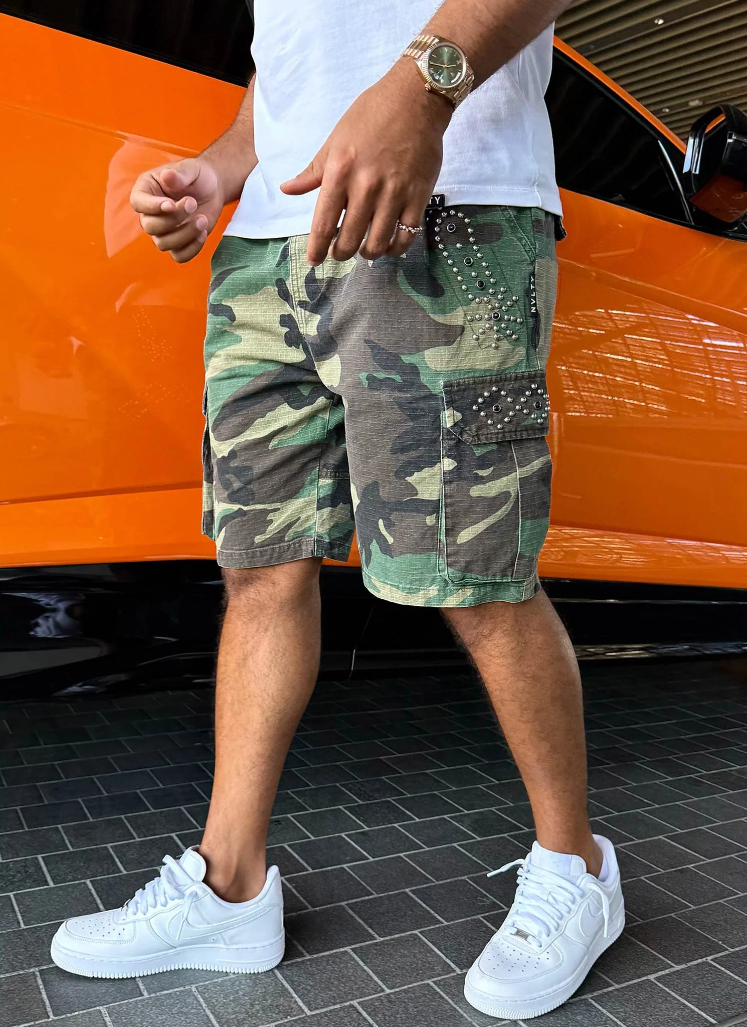 Vintage Studded Cargo Shorts - Camo - Image 3