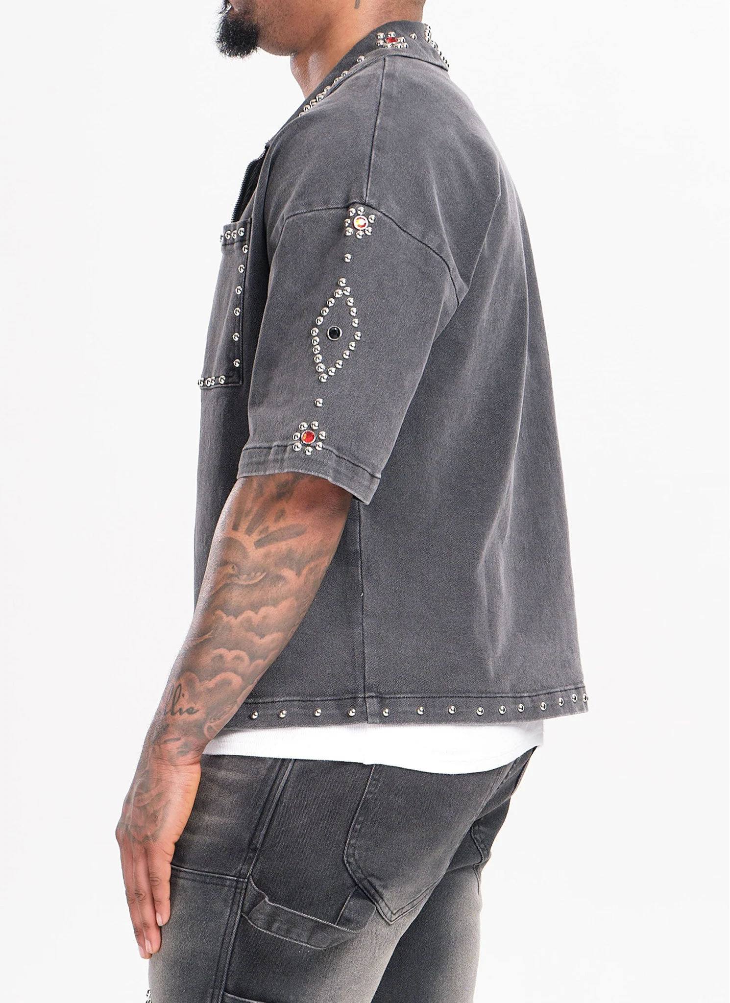 Vintage Studded Denim Shirt - Black - Image 3