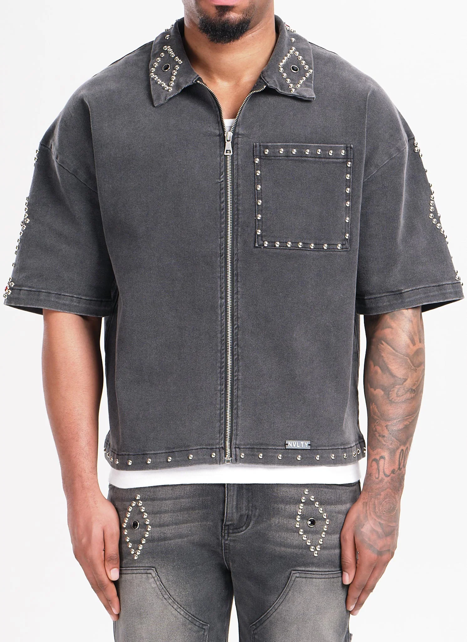 Vintage Studded Denim Shirt - Black - Image 6