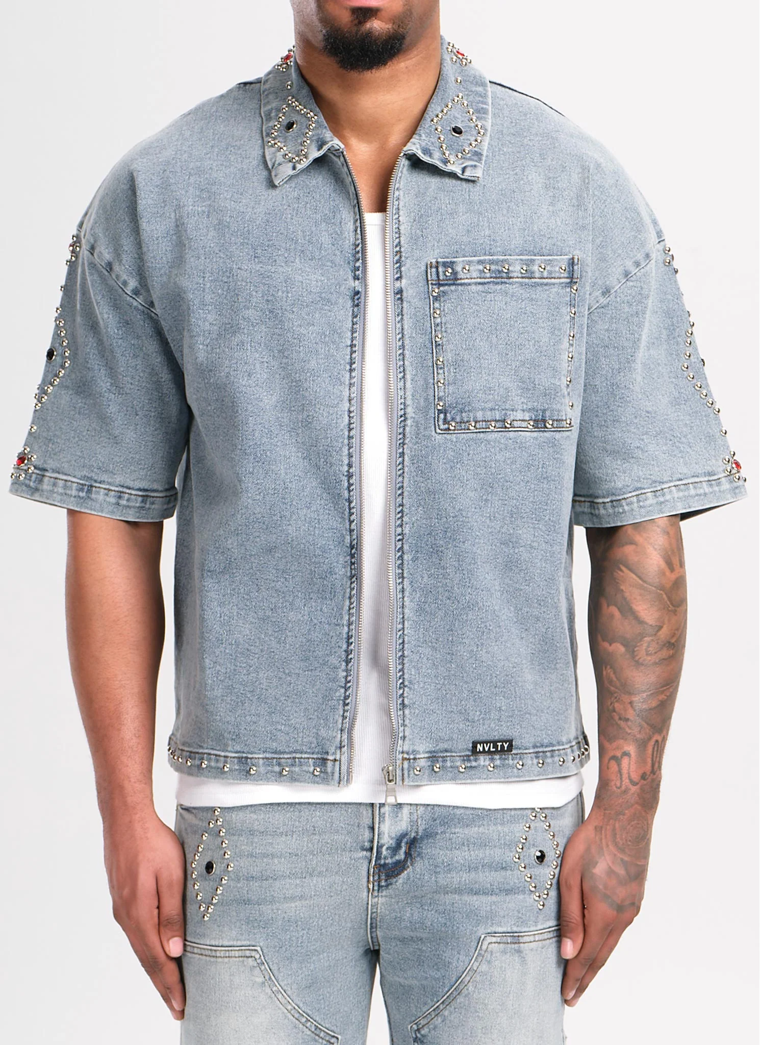 Vintage Studded Denim Shirt - Blue