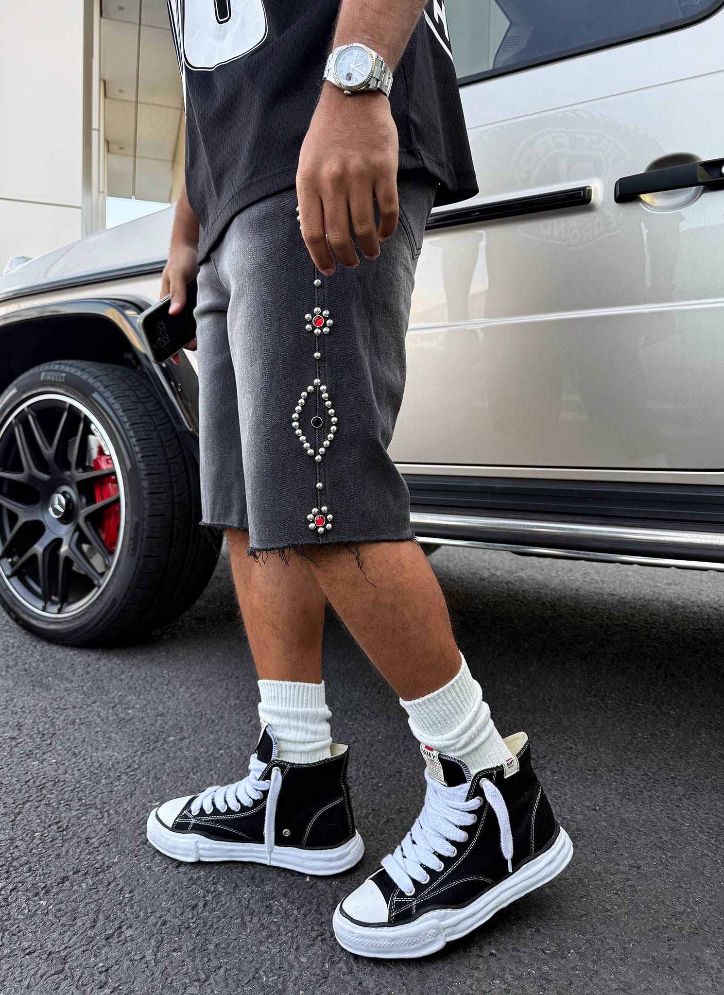Vintage Studded Denim Shorts - Black - Image 12