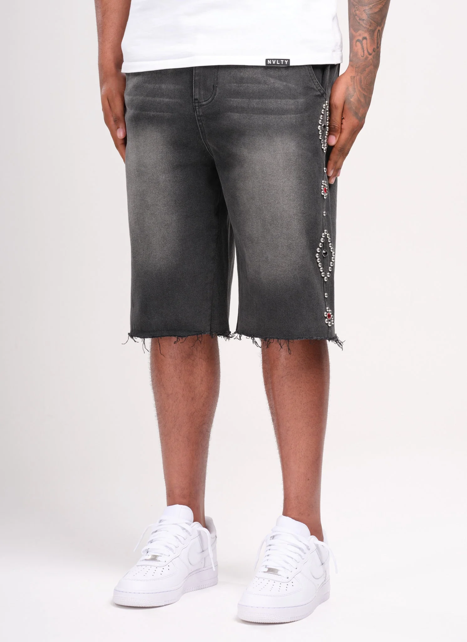 Vintage Studded Denim Shorts - Black - Image 2