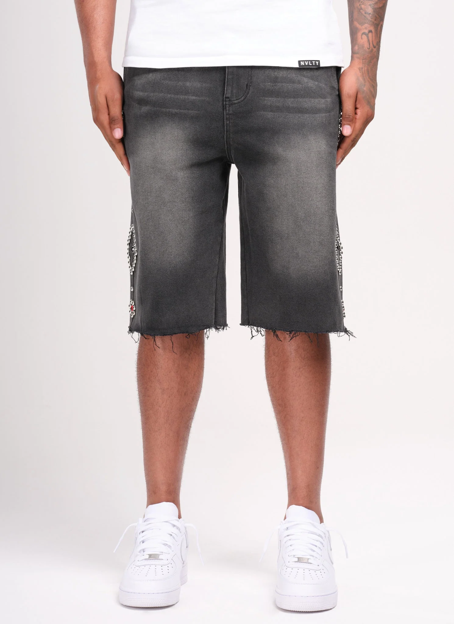 Vintage Studded Denim Shorts - Black - Image 4