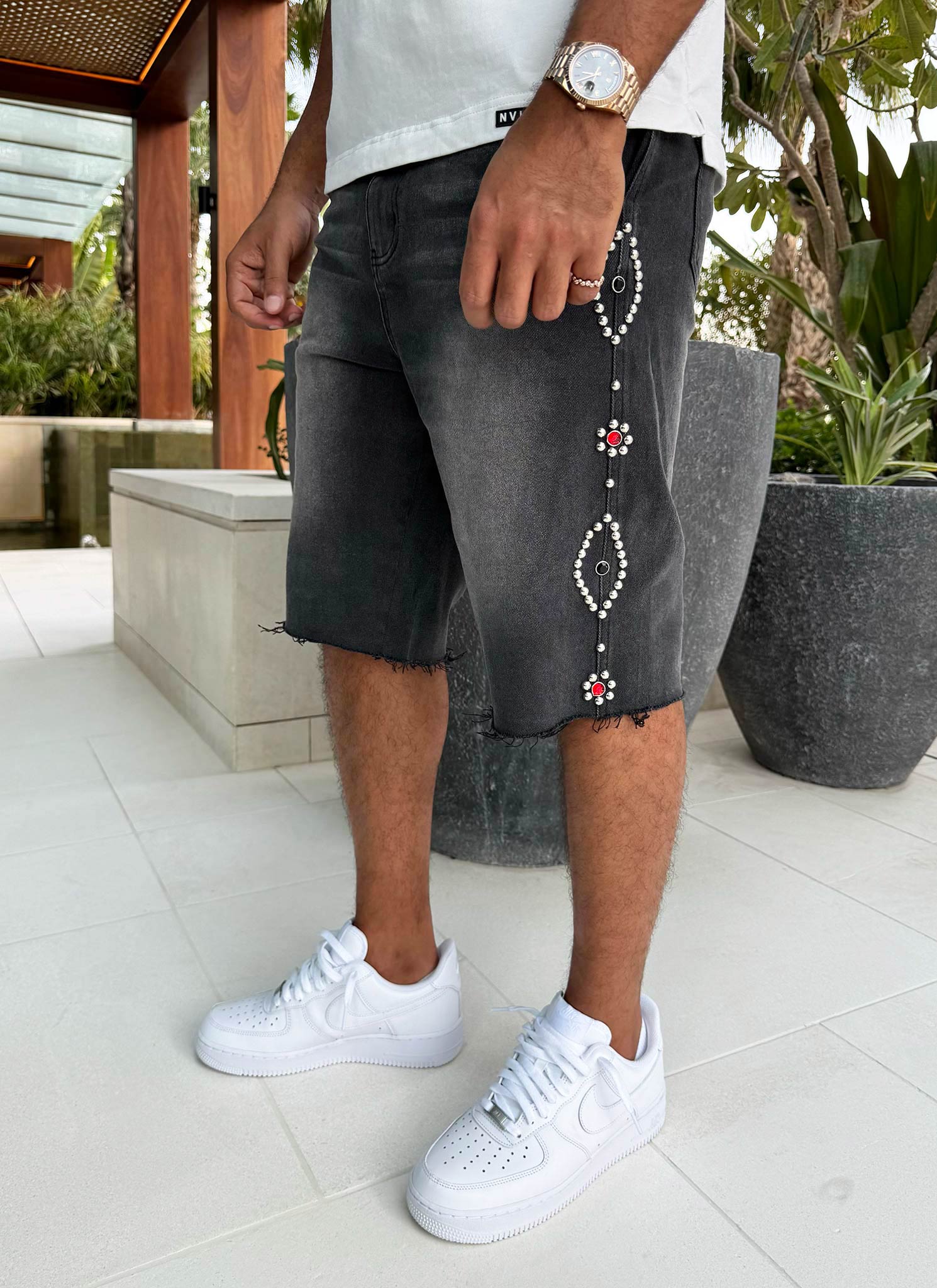Vintage Studded Denim Shorts - Black - Image 8