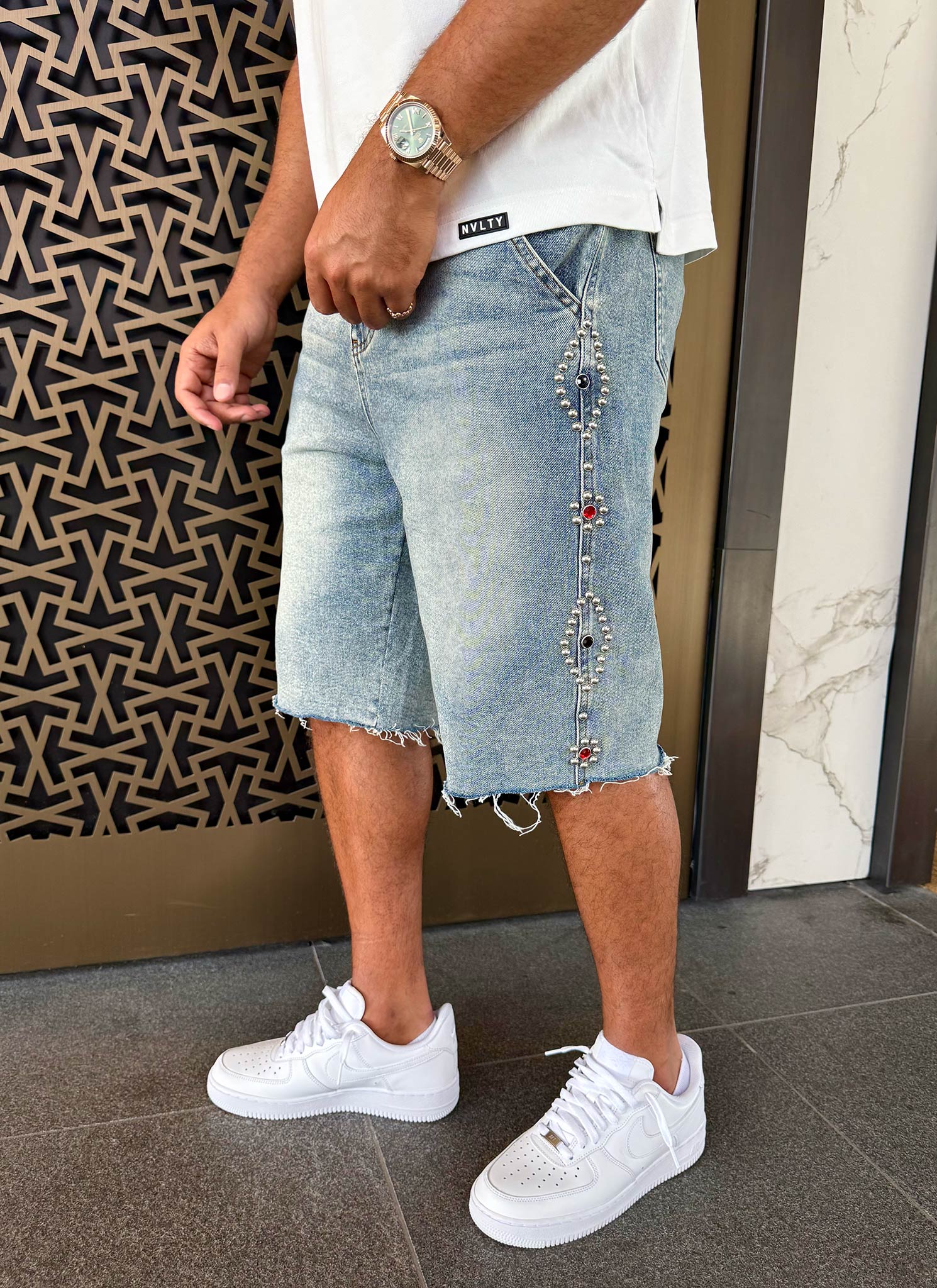 Vintage Studded Denim Shorts - Blue - Image 8