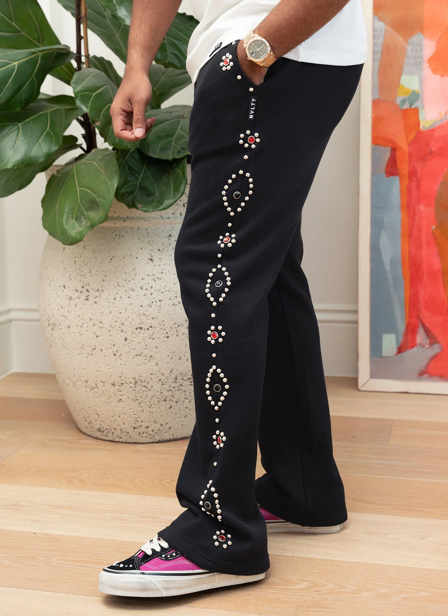 Vintage Studded Flare Joggers - Black - Image 2