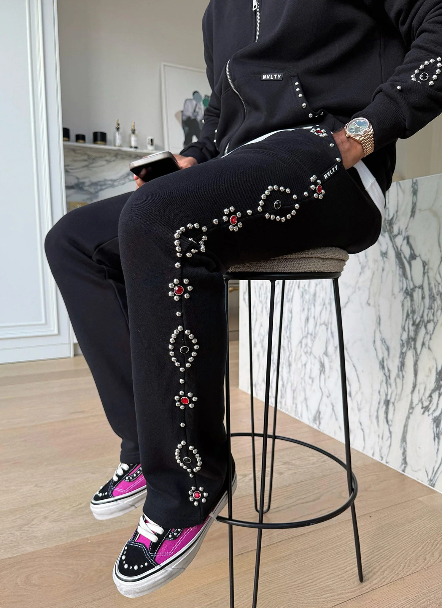 Vintage Studded Flare Joggers - Black - Image 4