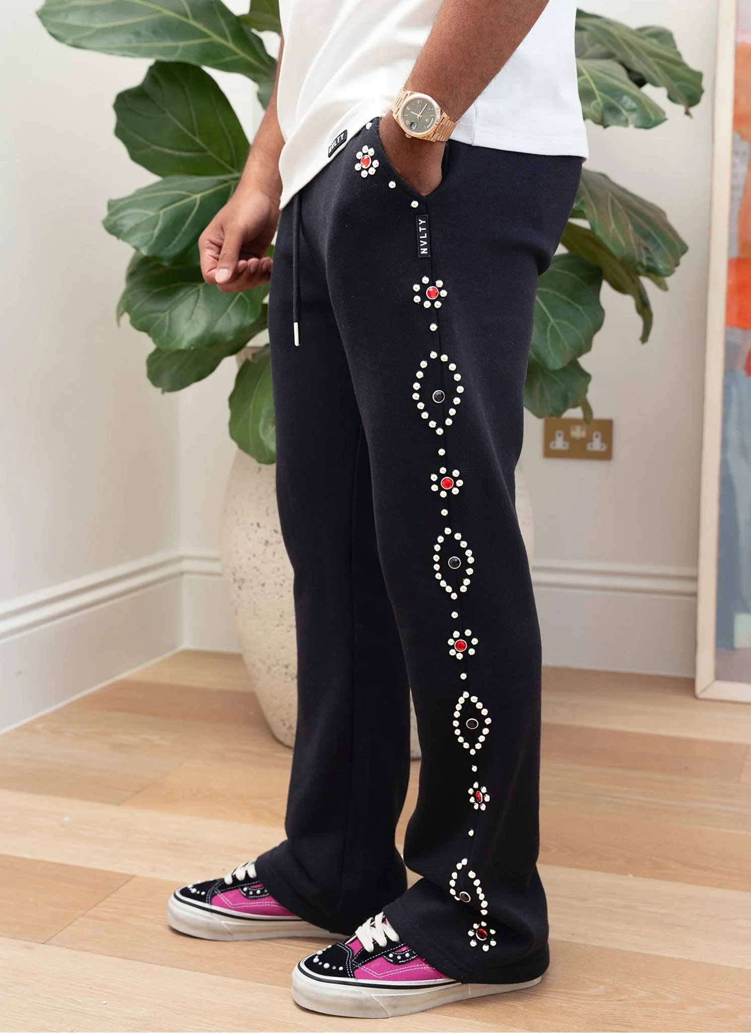 Vintage Studded Flare Joggers - Black - Image 7