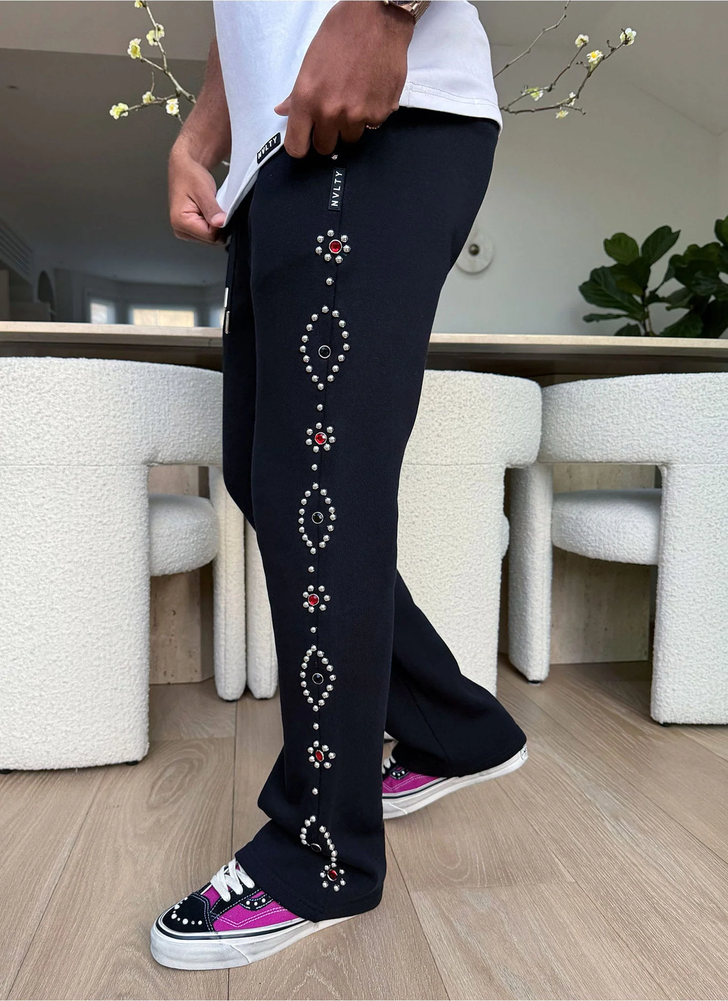 Vintage Studded Flare Joggers - Black - Image 9