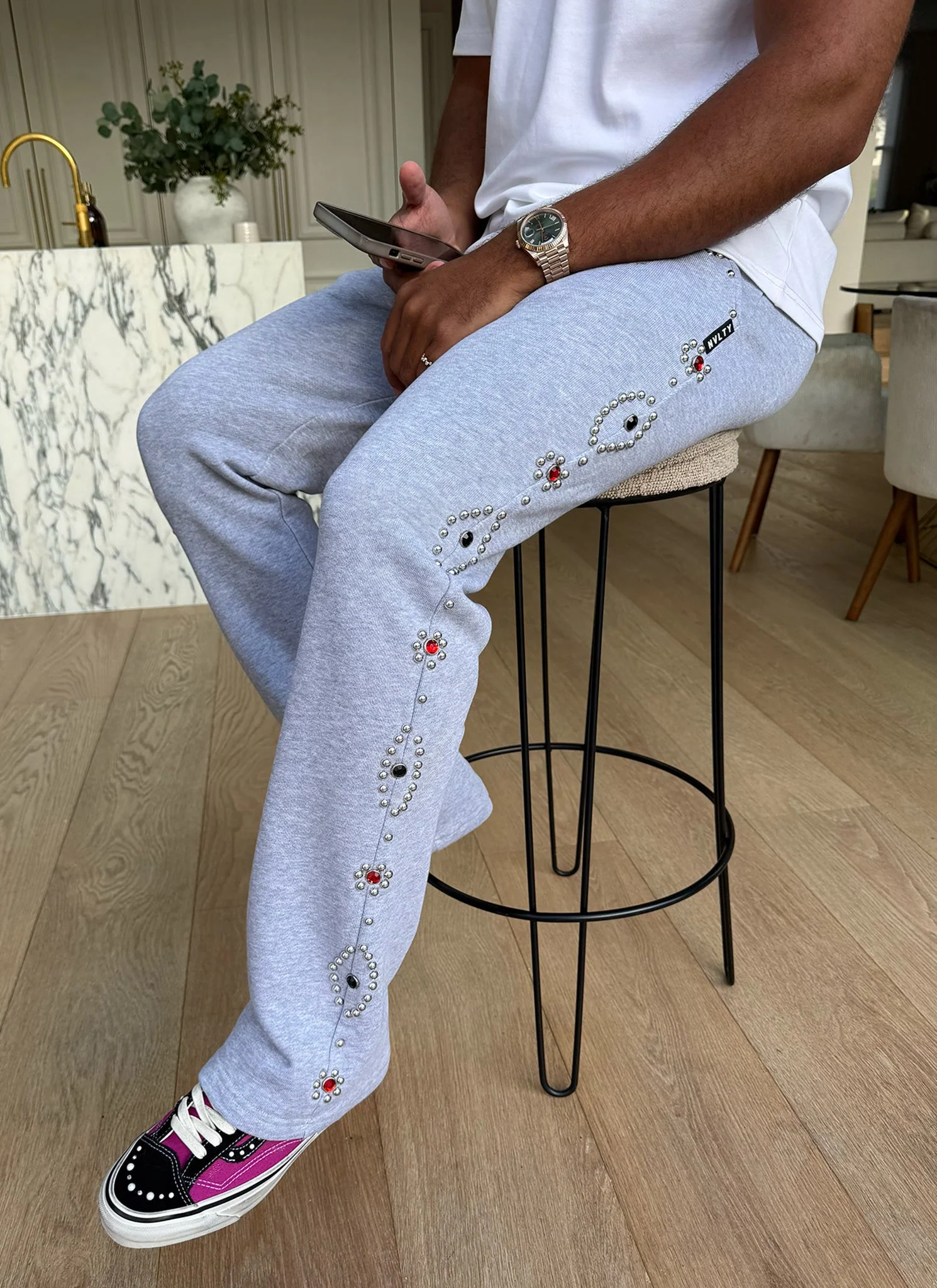 Vintage Studded Flare Joggers - Grey - Image 4