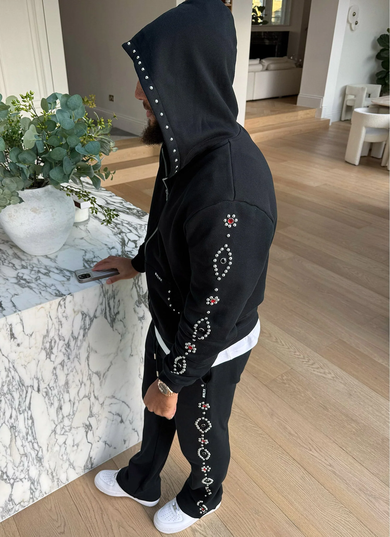 Vintage Studded Zip Hoodie - Black - Image 16