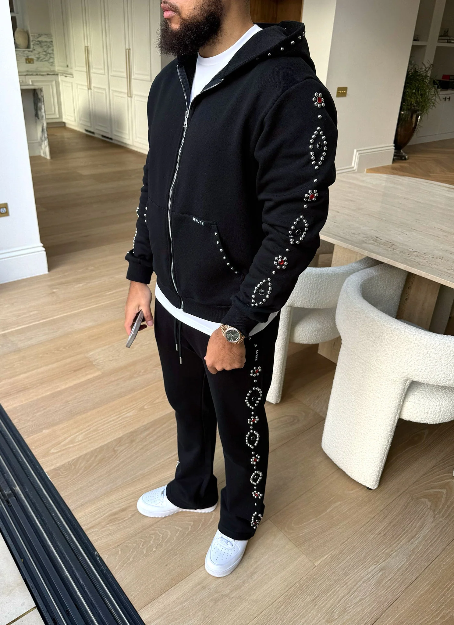 Vintage Studded Zip Hoodie - Black - Image 21