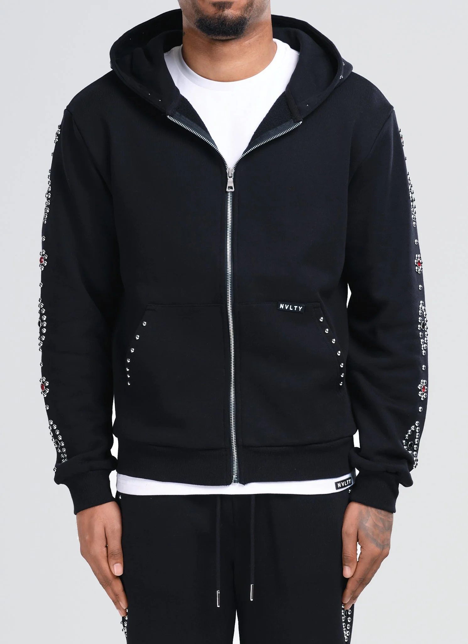 Vintage Studded Zip Hoodie - Black - Image 3