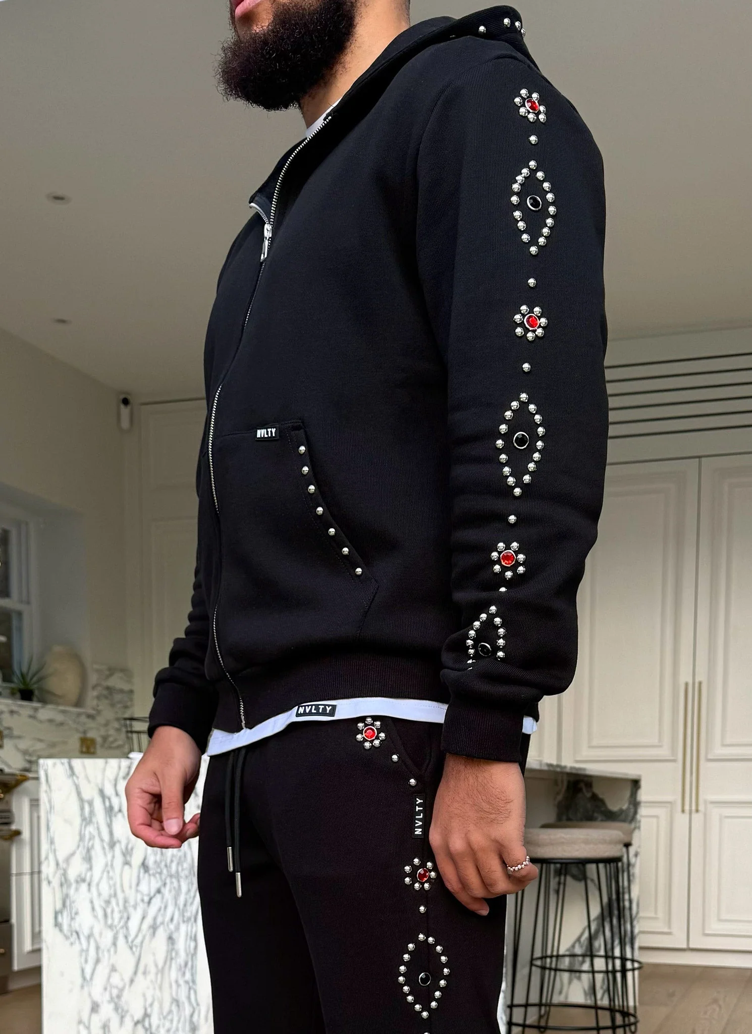 Vintage Studded Zip Hoodie - Black - Image 6