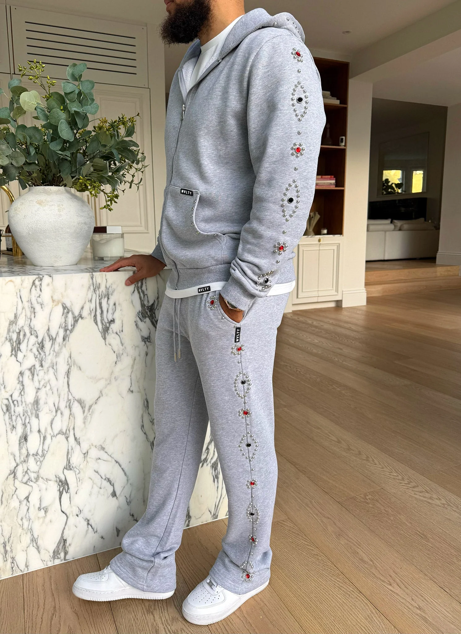 Vintage Studded Zip Hoodie - Grey - Image 10