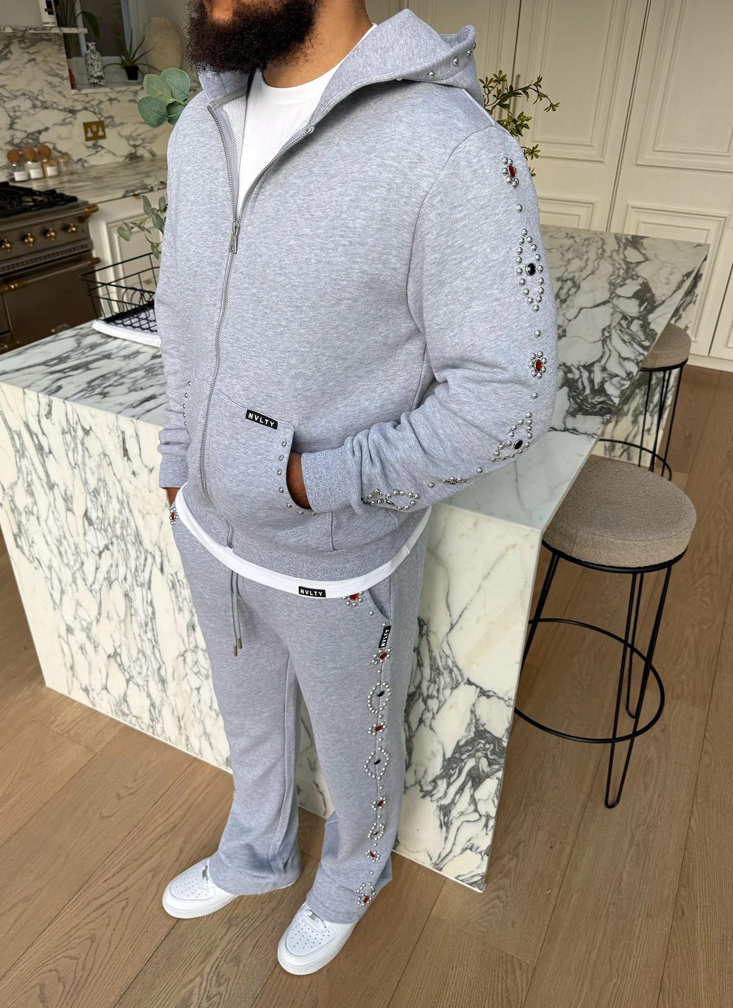Vintage Studded Zip Hoodie - Grey - Image 12