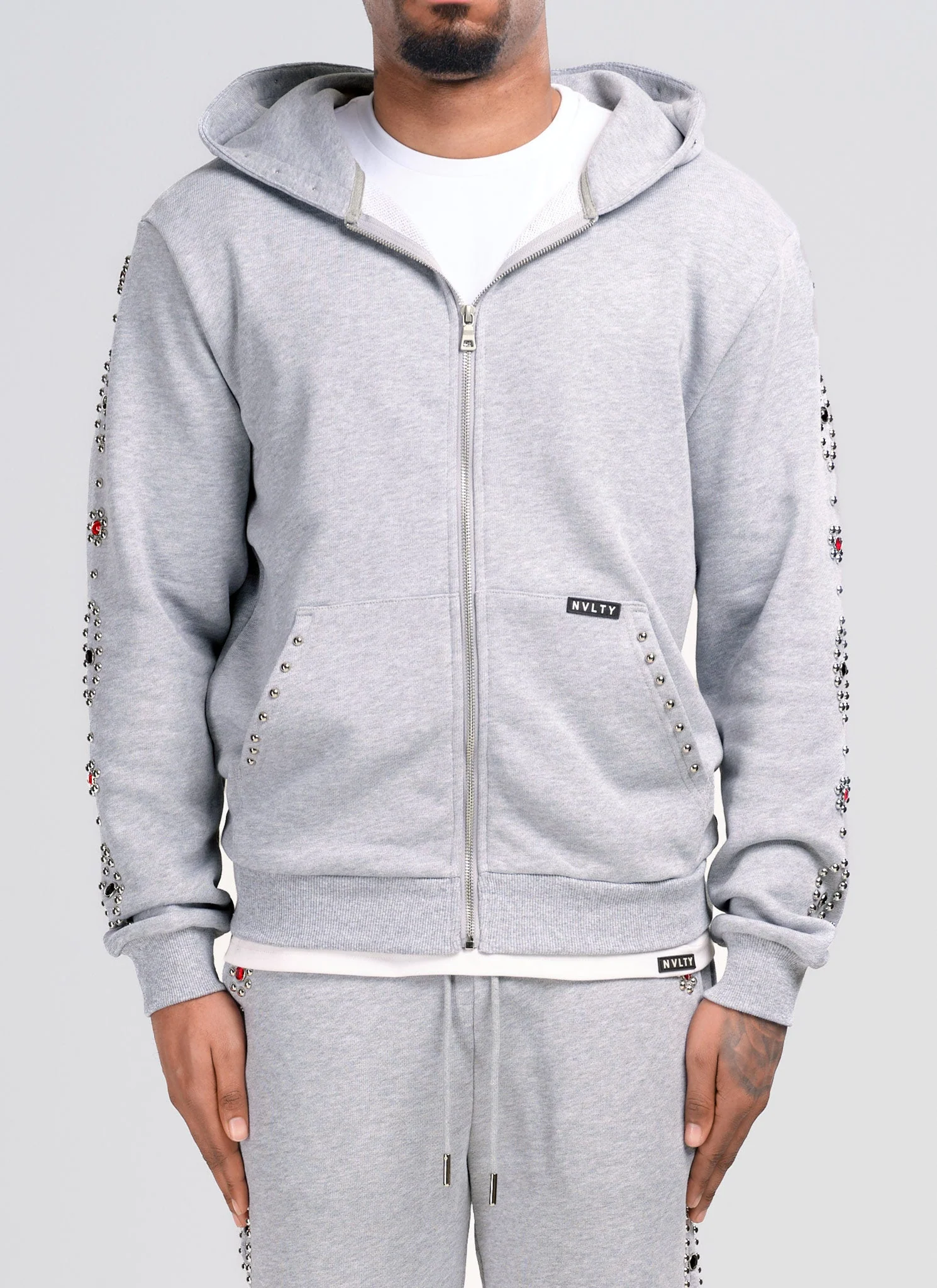 Vintage Studded Zip Hoodie - Grey - Image 3