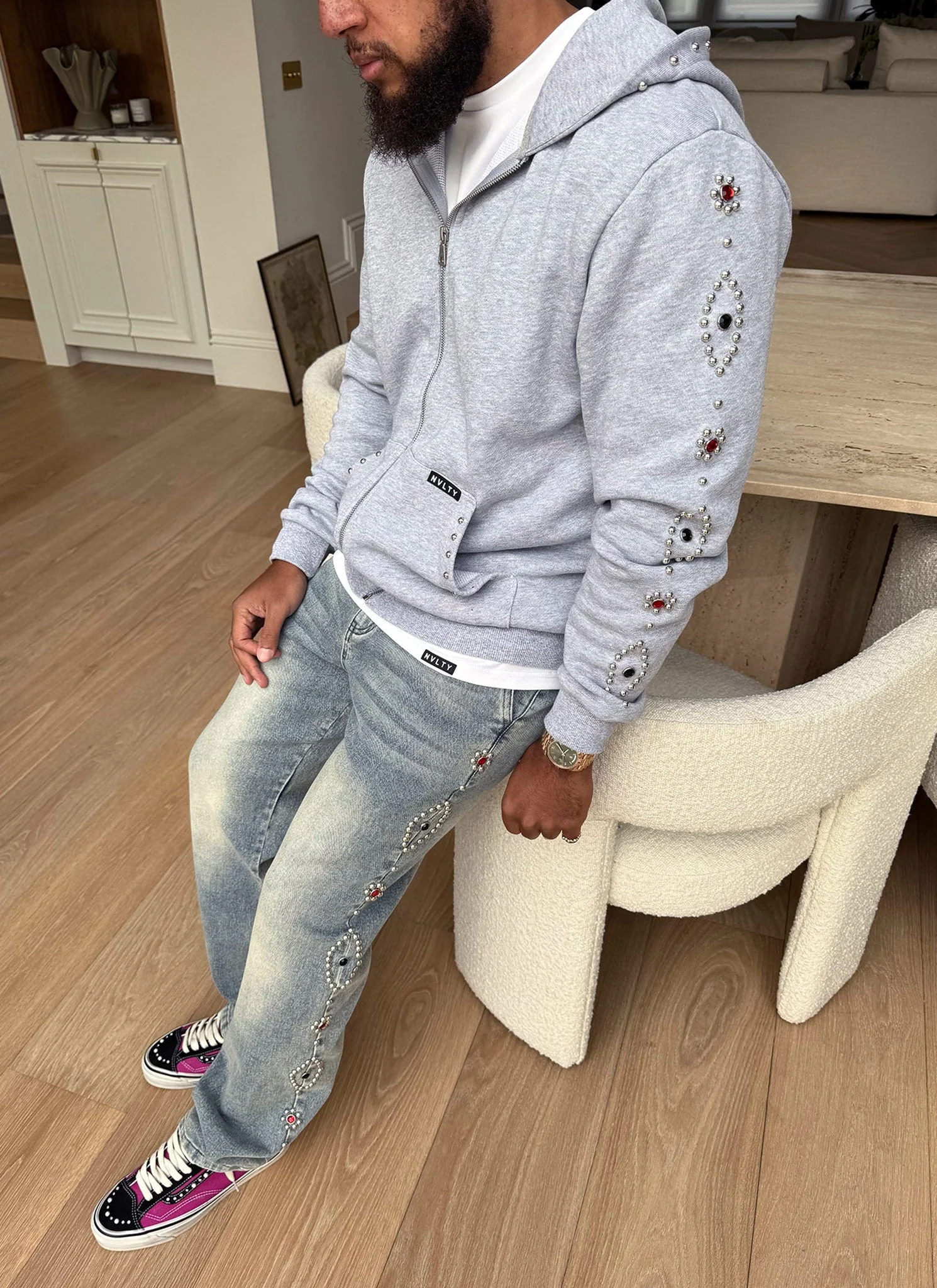 Vintage Studded Zip Hoodie - Grey - Image 6