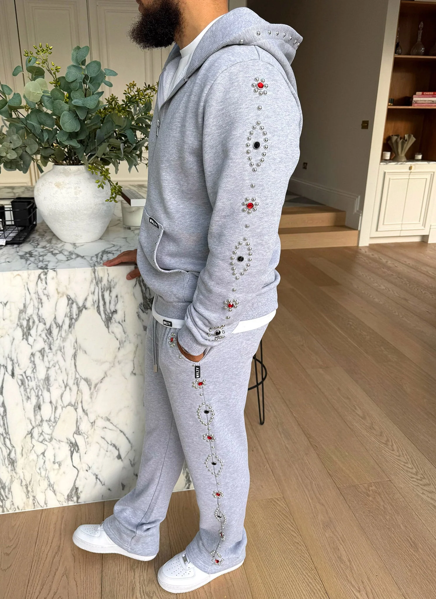 Vintage Studded Zip Hoodie - Grey - Image 7