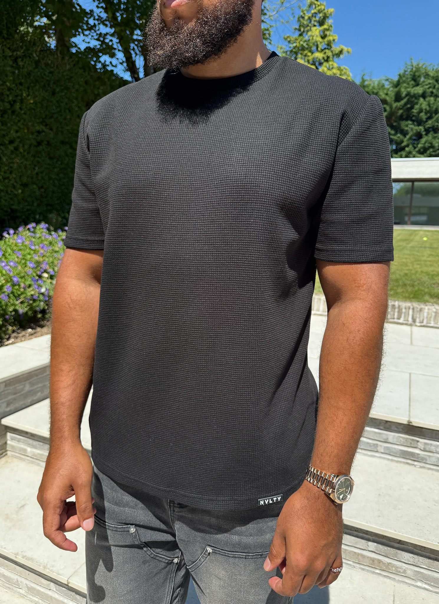 Waffle Fitted T-Shirt - Black - Image 3